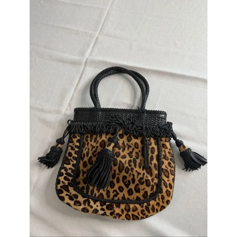 Francesco Biasia Leopard Haircalf Leather Tassel Satchel Top Handle Bag Italy